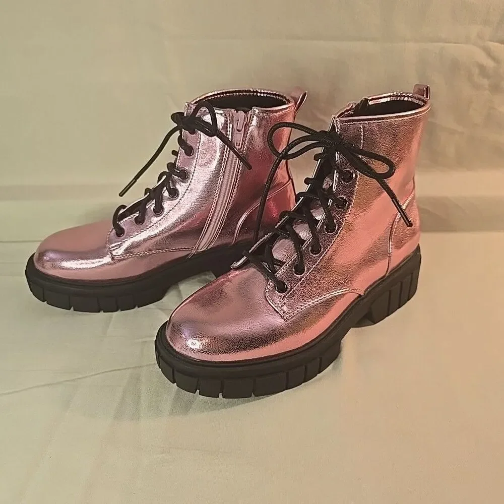 Madden NYC Metallic Pink Lace Up & Zip Combat Boots Youth Size 5 Stompers Moto
